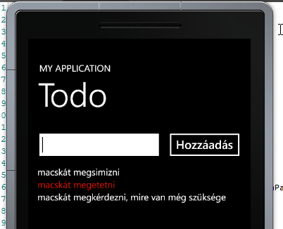 Adatkötés private void btnadditem_click(object sender, RoutedEventArgs e) if (!string.isnullorwhitespace(tbnewitem.text)) lbxtodo.items.add(tbnewitem.text); tbnewitem.text = string.