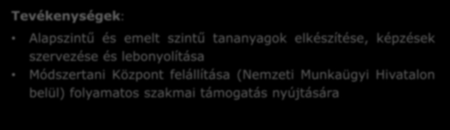 Szakemberfejlesztés Célok: Alapozó képzés 4000 fő bevonása Pedagógusok nagyobb arányú bevonása a képzésekbe Szakma mesterei képzés Tanácsadók egységes szakmai protokolljának továbbfejlesztése