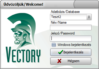 Vectory indítása SQL vagy Windows authentikációval A vectory indítási képernyőjén lehet megadni a felhasználó SQL felhasználói nevét és jelszavát, amit a vectoryban hozzárendeltek, majd a