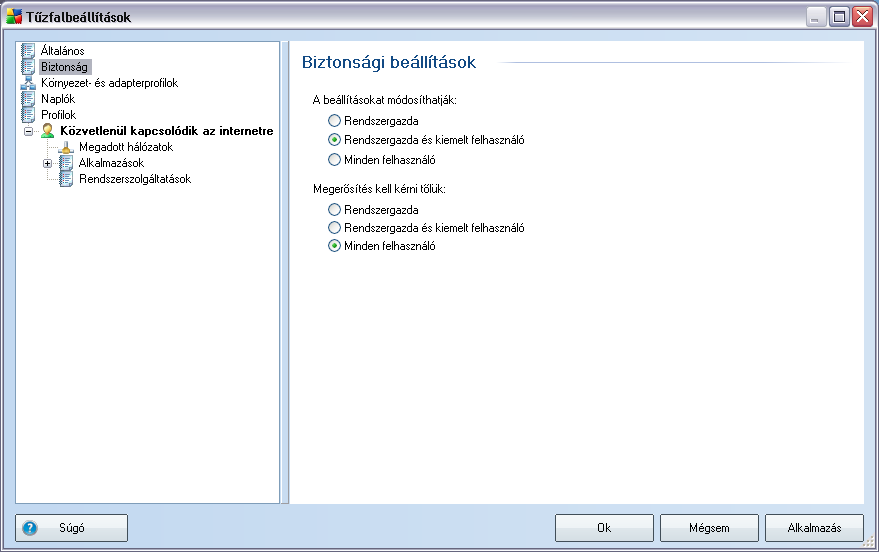 11.2. Biztonság A Biztonsági beállítások panelen meghatározhatja az általános szabályokat a Tuzfal viselkedéséhez, függetlenül a kiválasztott profiltól: A beállításokat módosíthatják - adja meg, hogy