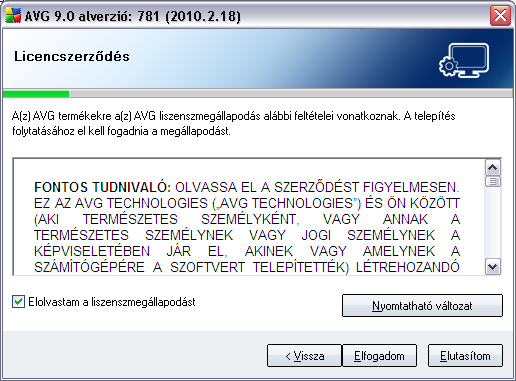 5.2. Licencszerzodés A licencszerzodés panel az AVG licencszerzodés teljes szövegét tartalmazza.