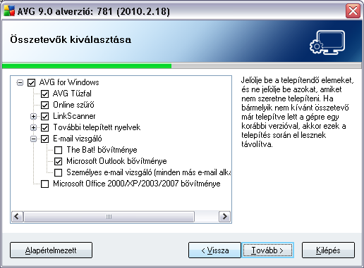 5.7. Egyéni telepítés - Összetevok kiválasztása Az Összetevo kiválasztása panel az összes telepítheto AVG 9 Anti-Virus plusz Tuzfal összetevot mutatja.