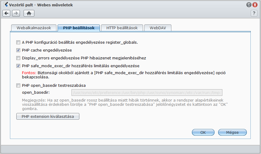 PHP beállítások kezelése A Web Station engedélyezése után a PHP-hoz kapcsolódó beállítások konfigurálásához rákattinthat a PHP beállítások fülre.