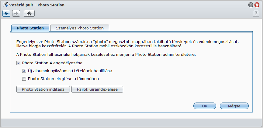 A Photo Station engedélyezése DSM-admin alá tartozó Photo Station engedélyezéséhez menjen a Főmenü > Vezérlőpult > Photo Station elemre.