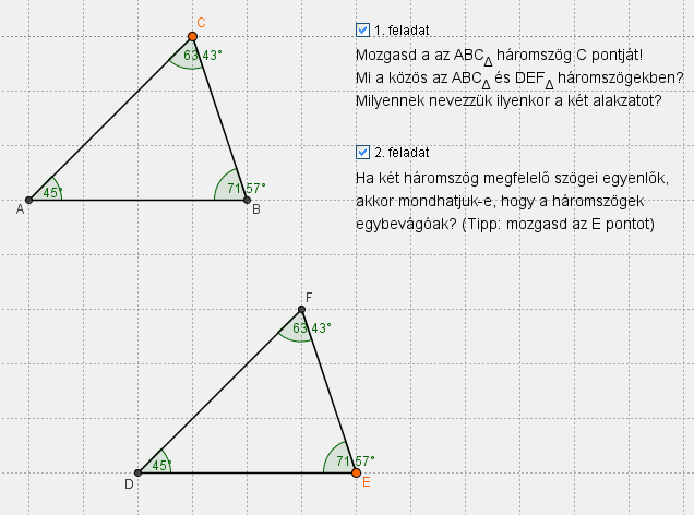 23. ábra: Instrukciók és kérdések a munkalapon például egyéni vagy páros munkára Egy a háromszögek egybevágóságának egyik esete sokszor pontatlanul rögzül a diákokban, nevezetesen az, amikor két-két