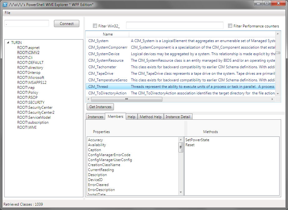 8. ábra: PowerShell WMI Explorer WPF Edition Itt ki lehet listázni az egyes névterekben szereplő osztályokat, azok részletes leírását, valamint le lehet kérdezni a példányaikat.