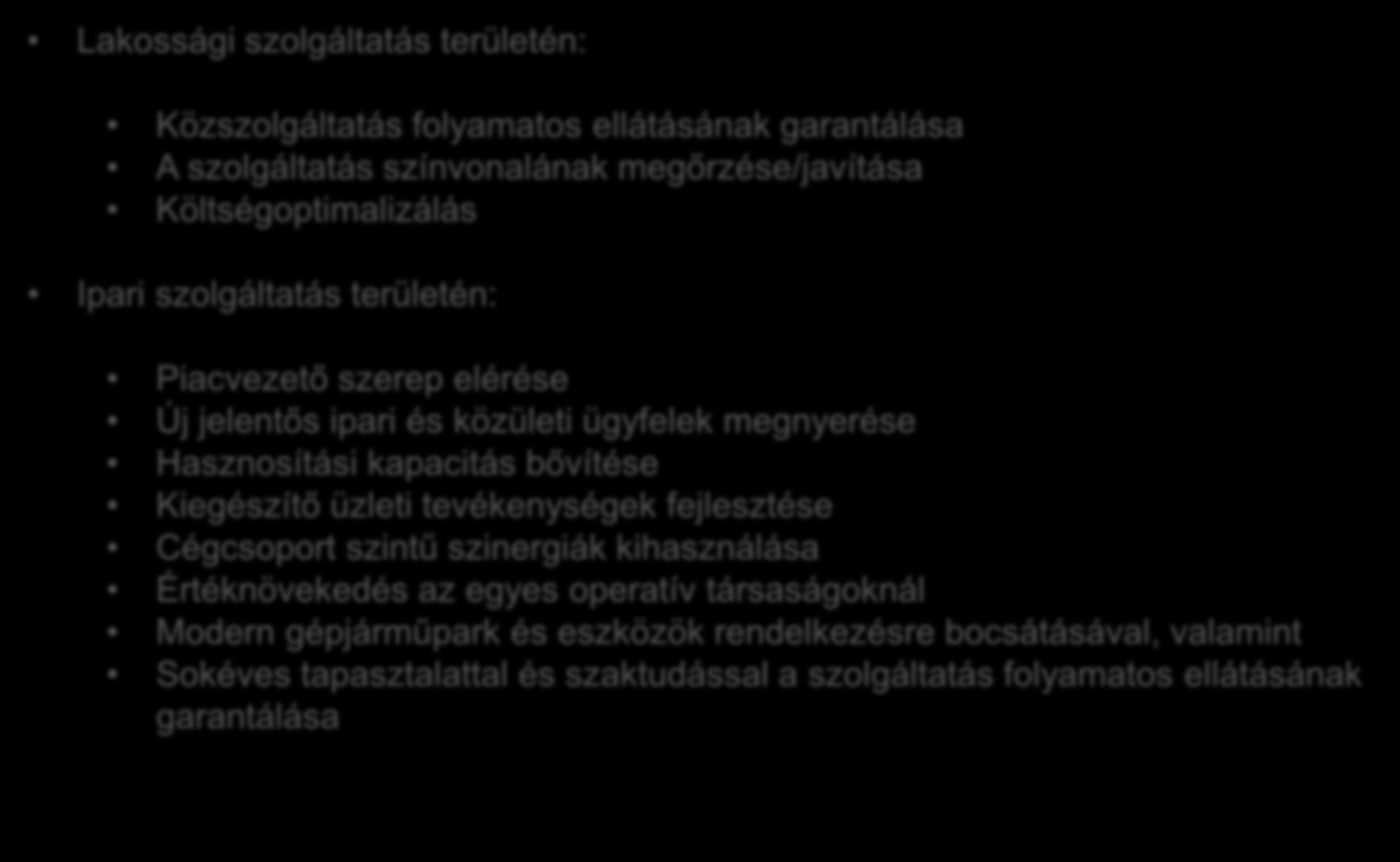 bővítése Kiegészítő üzleti tevékenységek fejlesztése Cégcsoport szintű szinergiák kihasználása Értéknövekedés az egyes operatív társaságoknál Modern