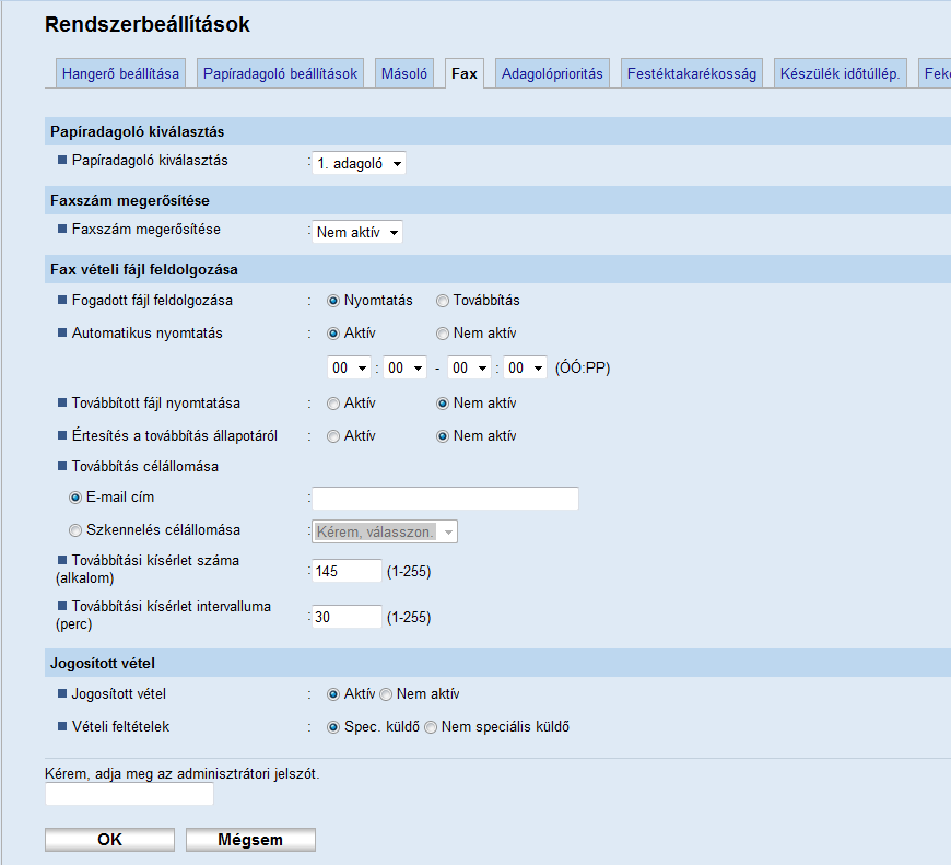 Fax fogadása 3. A [Célállomás típusa] listából válassza ki a [Spec. küldő] lehetőséget. 4. Válassza ki a Speciális küldő számát a listából (1-től 30-ig). 5.