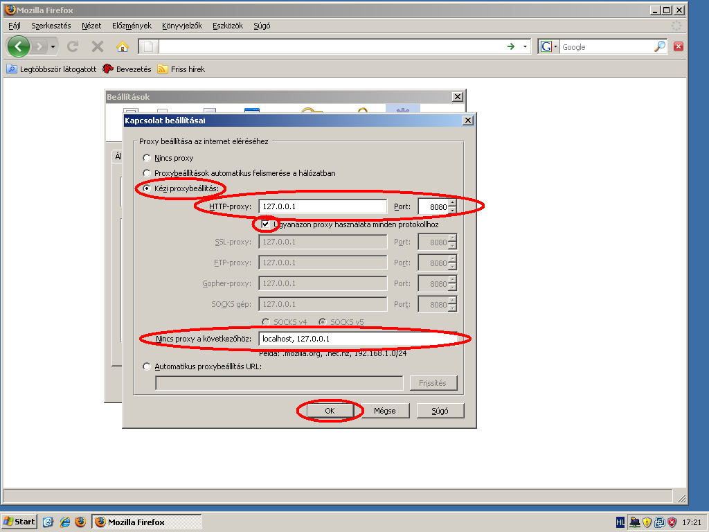 A felnyíló ablakban válasszuk a kézi proxybeállítást, a HTTP-proxy:-nál állítsuk be a 127.0.