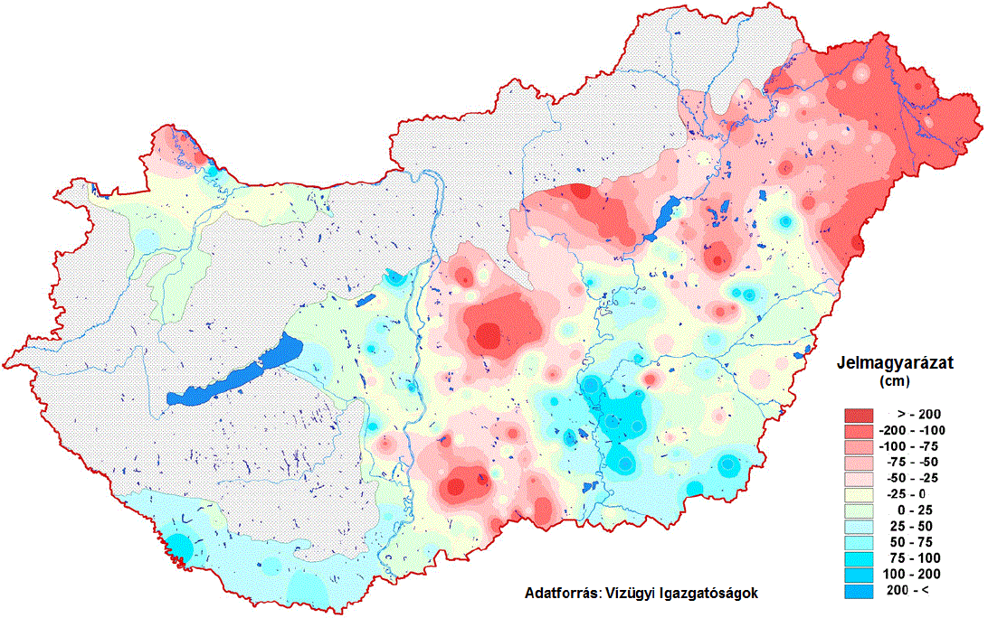 TALAJVÍZSZINTEK 52 2015. június 75. ábra: A talajvízszintek terep alatti mélysége a 2015. június havi középértékek alapján 43 76. ábra: Az 1971-2000.