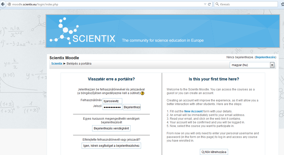 Be kell jelentkezni, vagy regisztráltan, vagy mint vendég: guest Scientix 2 Dr.