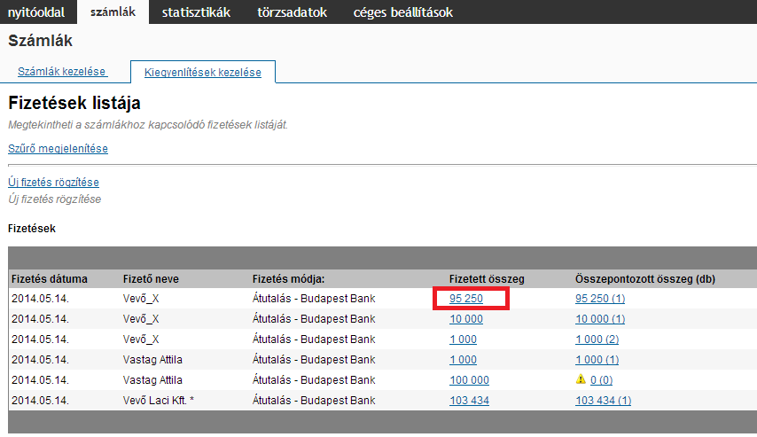 1.2.4. Fizetett összeg link A Fizetések listájában a Fizetett összeg oszlopban található összegek linkként funkcionálnak, azaz rájuk kattintva további oldalra navigál a rendszer.