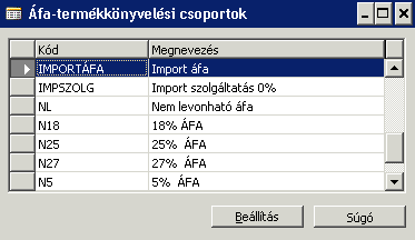 1.2 Új Áfa ügyletkönyvelési csoport felvétele A Pénzügy, Beállítások, Áfakönyvelési Csoport, Ügylet útvonalon érhető el az alábbi ablak, ahová fel kell venni új Áfa-ügyletkönyvelési csoportot.