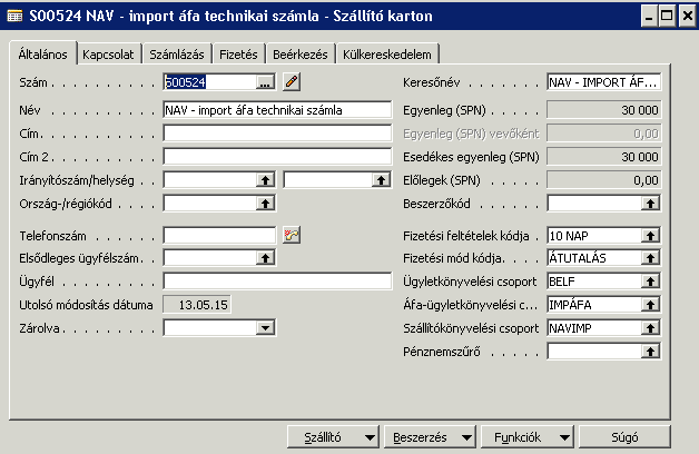 A szállítói kartonon be kell állítani a megfelelő könyvelési csoportokat a helyes könyvelés érdekében: Ügyletkönyvelési csoport: BELF (a belföldi vevőkhöz és szállítókhoz használatos saját kód!