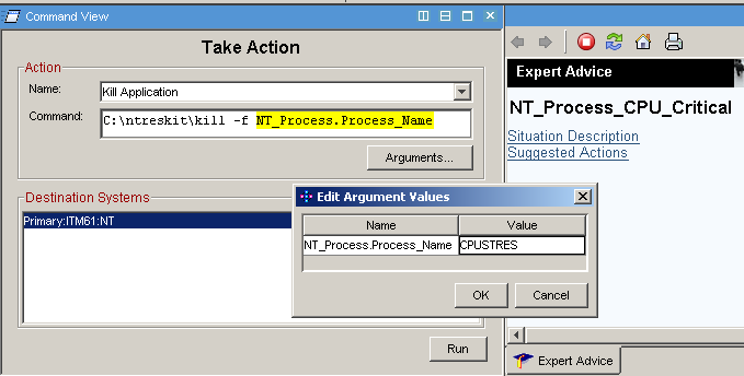 c) Vigyázó szemeinket a bal alsó Command View panelre vessük, ami a Take Action ablakot mutatja. Kattintsunk az Action Name legördülő nyilára és válasszuk a Kill Application by Karton János -t.