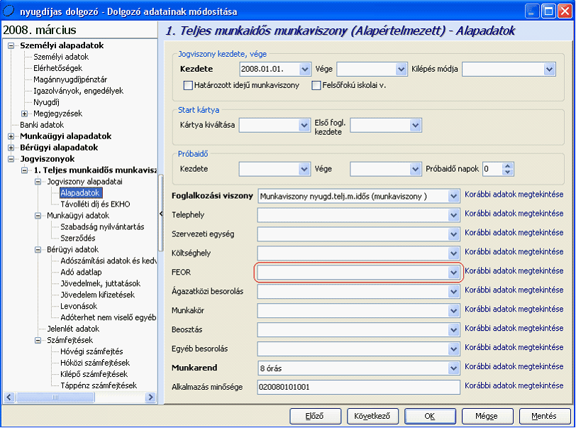 230 Kulcs-Bér, Kulcs-Bér KOMPAKT és Kulcs-Bér PLUSZ 2009 Ahhoz, hogy a hiányos FEOR információkat tartalmazó jogviszonyok adatait is felgyűjthesse az adatszolgáltatás, pótolni kell a FEOR mező