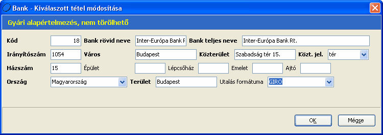 Törzsadatok feltöltése 97 Fontos, hogy attól függ az elkészített utalás fájl formátuma, hogy a kiválasztott bank adatainál- ahonnan az utalást indítani szeretnénk - milyen Utalás formátumot állítunk