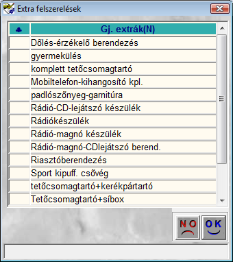 3. Az Új munkalap felvitele ablak menüpontjai 3.1. Gépjármű info A Gj. infó főmenüre, majd az Említendő extrák almenüre kattintva az alábbi ablak jelenik meg (51. ábra). 51.