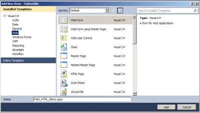 Adjunk a solution-hoz egy ASP.NET oldalt, más néven egy Web Form-ot és nevezzük el Fakt_HTML_kliens-nek. 3. ábra Új Web Form hozzáadása Egy ASP.NET oldal két fájlból áll.