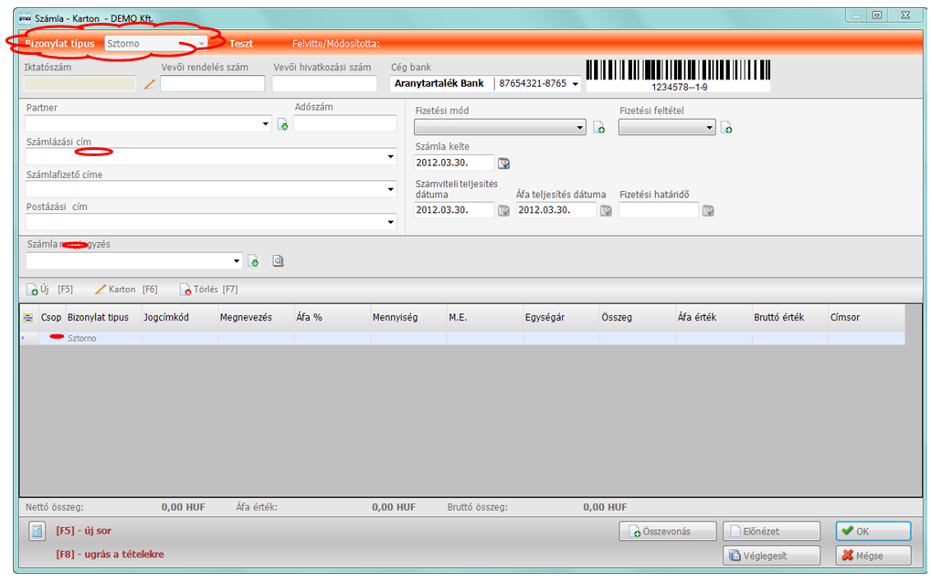 ii. Sztornózás számla kartonról Új számla készítéskor a Bizonylat típusa mező Sztornó értékre történő átállításával lehet sztornó számlát készíteni.