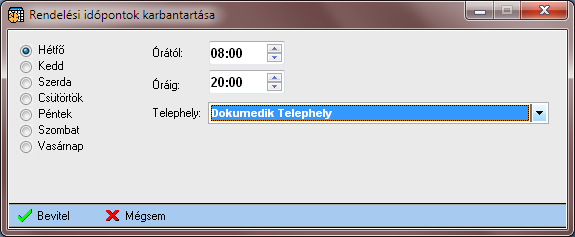 4.2. Rendelési idő definiálása: Az orvosok rendelési idejét időszakonként lehet definiálni a törzs adatok karbantartóban. Az időszakok lehetnek heti, kétheti, háromheti, ill. négyheti.