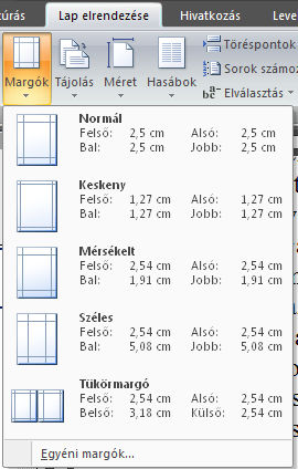 Oldalbeállítás, szakaszok és hasábok, oldalszámozás, élőfej és élőláb, nyomtatás Oldalbeállítás Egy dokumentum külalakját alapvetően befolyásolja a papír mérete, a Tájolás (álló vagy fekvő), a margók