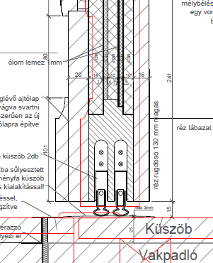 AJTÓK A NÉZŐTÉR ÉS A FOLYOSÓK, ELŐCSARNOK KÖZÖTT TÖBBSZÖRÖS EGYEZTETÉS UTÁN A PIROS VONALAK AZ EREDETI SZERKEZET KÖRVONALAIT MUTATJÁK új rétegek vtg, m r kg/m 3 m", kg/m 2 MDF