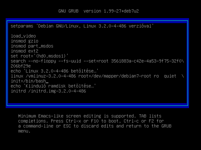 ROOT PASSWORD RESET - LÉPÉS - 2 A kernel sor végére írjuk be:
