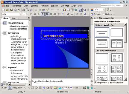 Prezentációkészítés PowerPoint XP-vel Az Előadás-tervező varázslót elindíthatjuk a Fájl menü Új dokumentum parancsának használatakor megjelenő párbeszéd panel Bemutatók fülén található