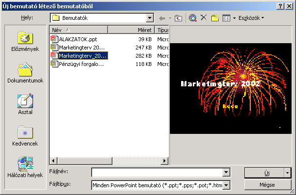 Ekkor az új bemutató teljes egészében átveszi a létező bemutató tartalmát és formátumait. A módosított bemutatót ezután új néven tárolhatjuk el.
