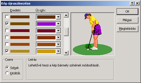 Prezentációkészítés PowerPoint XP-vel A Kép eszköztár Szín gombjára kattintva megjeleníthető menü segítségével a kép színeinek tónusait néhány, előre beállított séma szerint módosíthatjuk.