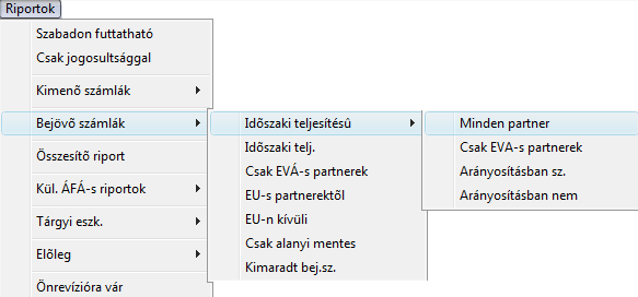 A Kimenő számlák / Külföldi / Összesen almenüpontra kattintva a riport a következő rendezési szempontok szerint rendezhető (14. ábra). 14. ábra o Bejövő számlák menü 15.