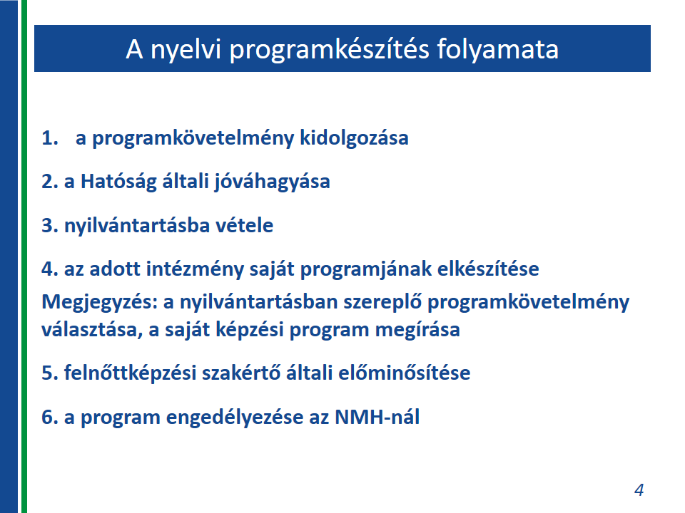 Indokoltsága A nyelvi programkövetelmény kidolgozását az indokolja, hogy ily módon a piaci igényekhez alkalmazkodó, magas színvonalú, egységes keretrendszerbe