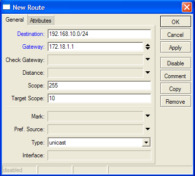 Static Routing Routing szabály hozzáadása Célhálózat címe Átjáró cím a célhálózat eléréséhez Hozzáadás után a winbox színnel