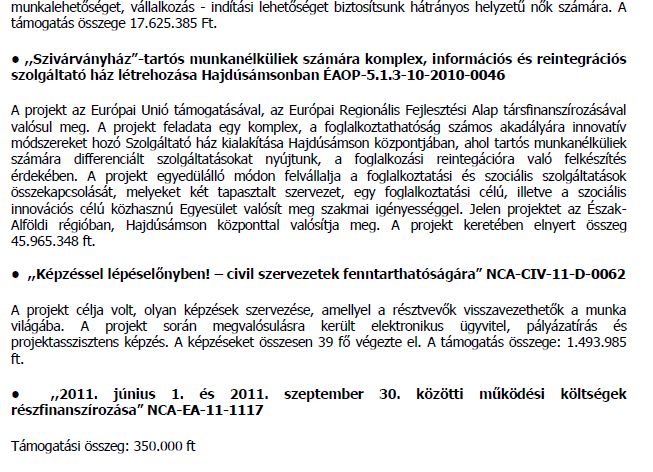 - Családterápia, Mediáció - Állásbörze, Munkáltatói fórum szervezése, Szakmai műhelysorozat (workshop) szervezése - Motivációs és életvezetési klub - Megváltozott munkaképességű munkavállalók