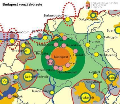 V3. ábra: Városhálózat (külső és belső városi gyűrű) Forrás: OFTK Pest Megyei Területfejlesztési Koncepció (PMTFK) Pest megye új, a Nemzeti Fejlesztés 2030 c.