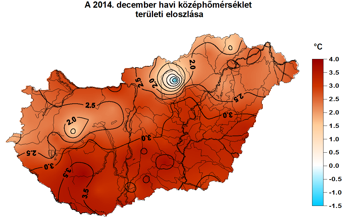 Léghőmérséklet A december havi középhőmérséklet -1,1 C (Kékestető) és 3,9 C (Kaposvár) között alakult, az országos területi átlagérték 2,7 C volt, ami 2,4 C-kal (!) magasabb az átlagnál.