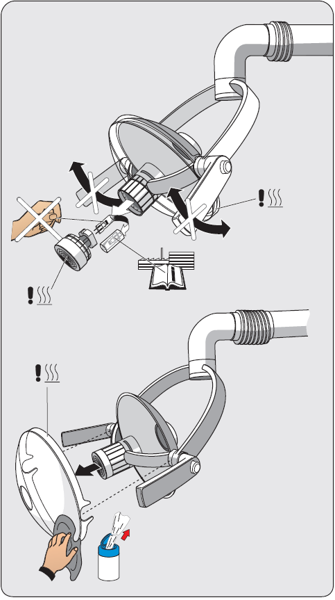 15 A rendelő személyzete által végzendő kezelés és tisztítás 15.7 SIROLUX E kezelőlámpa A halogén lámpa cseréje Mindig kapcsolja le a lámpa főkapcsolóját a lámpa cseréje előtt (ld. 25. oldal)!