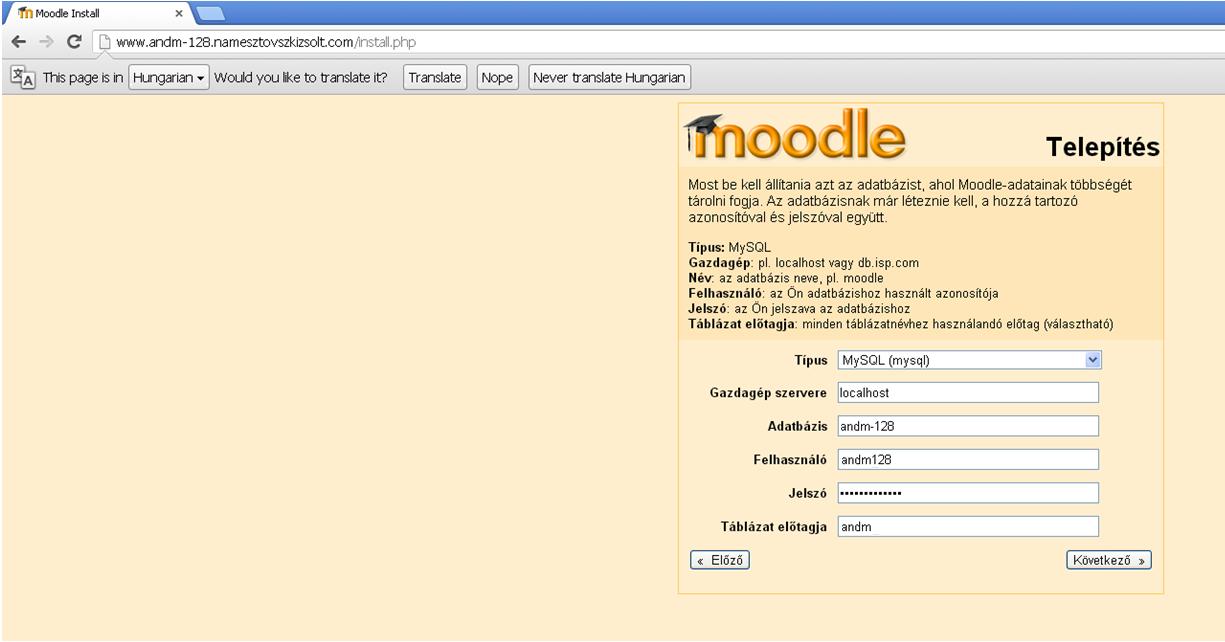 MOODLE keretrendszer működéséhez szükség van MySQL adatbázisra.