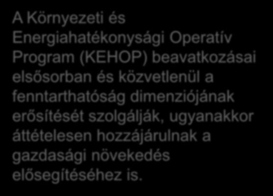 II. A KÖRNYEZETI ÉS ENERGIAHATÉKONYSÁGI OPERATÍV PROGRAM (KEHOP) A PM TÜKRÉBEN A Környezeti és Energiahatékonysági Operatív Program (KEHOP) beavatkozásai elsősorban és közvetlenül a fenntarthatóság