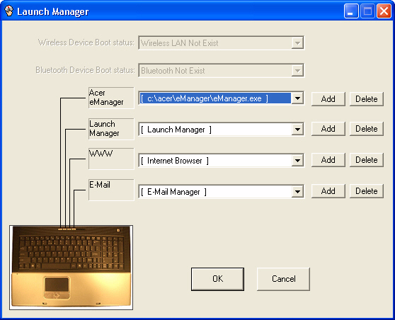 46 2. A számítógép testre szabása Launch Manager Az Acer Launch Manager segítségével beállíthatja a programozható programindító billentyűket, az alapértelmezett e-mail és böngésző billentyűket és az