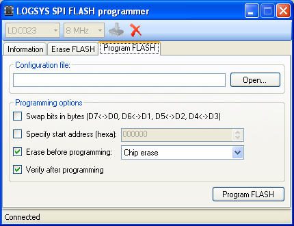 LOGSYS FLASH programozó alkalmazás A FLASH memória programozása: Konfigurációs fájl megadása: Megnyitás: Open gomb Támogatott formátumok: BIT, HEX, MCS
