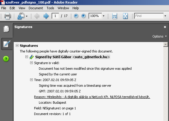 A PDF Signoval végzett aláírás és időbélyegzés esetén a PDF bizonyos részén megjelenik a dokumentum hitelesítését jelző ábra (logó).