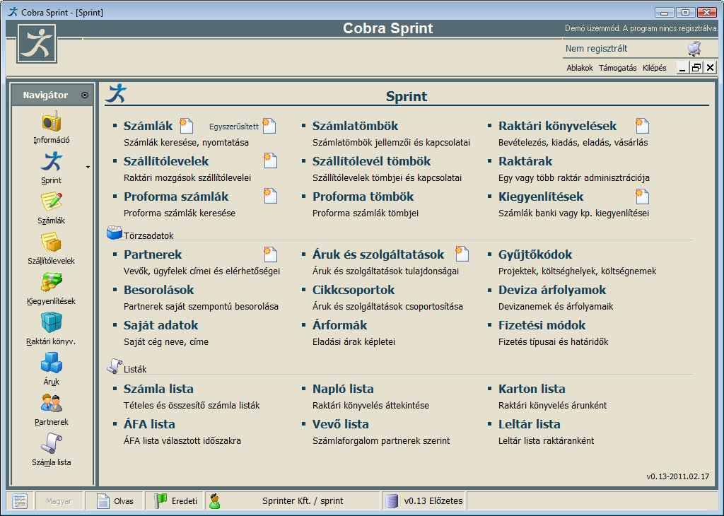 14. A Sprint főmenüje. Kezdődhet a konvertált adatok ellenőrzése!