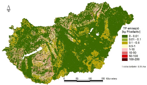 2-2 ábra: Összes foszfor (TP) emisszó Magyarországon A magyarország területére vonatkozó összes foszfor-emisszió (TP) területi eloszlását a 2-2. ábrán mutatjuk be.