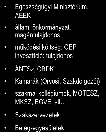 Az egészségügy főbb szereplői szakmai irányítás tulajdonosok finanszírozó szakmai felügyelet szakmai érdekvédelem szakmai szervezetek munkavállalói érdekképviseletek ellátottak Egészségügyi