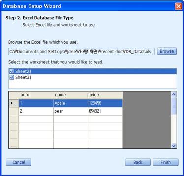 3. Microsoft Excel adatbázis csatlakoztatása a.) Klikkeljen a "Tallózás" gombra. b.) Válassza ki a csatlakoztatni kívánt excel file-t és klikkeljen az "Megnyitás" gombra. c.) Válassza ki az olvasni kívánt munkalapot.