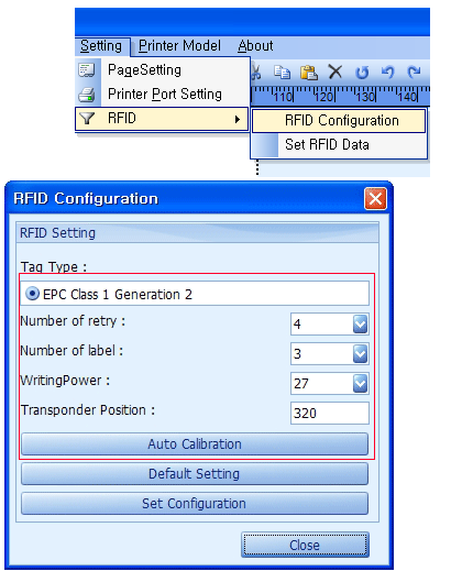RFID konfigurálása RFID nyomtatási beállítások 1. RFID jeladó kiválaszása Itt kell kiválasztani az RFID jeladó típusát. 2.