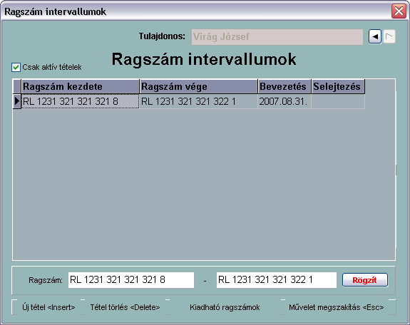 Oldalak: 3/10 4.) Ragszámok törzse 4/F menüpont alatt, itt adhatók meg a posta által megadott ragszám intervallumok.