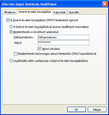 8.3. Kimenő levelek hitelesítésének beállítása Amennyiben a kimenő levelei forgalmát internetszolgáltatóján keresztül biztosítja*, válassza a Bejelentkezés a következő adatokkal menüpontot és adja